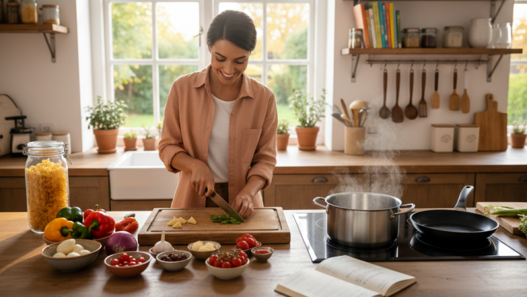 Obraz pokazujący młodą kobietę w kuchni, która uśmiecha się, krojąc zielone warzywa na drewnianej desce do krojenia