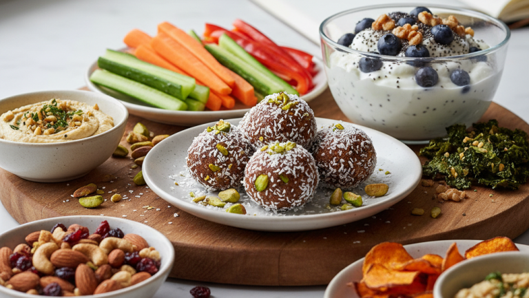 Obraz pokazujący różnorodne zdrowe przekąski ułożone na drewnianej desce i marmurowym blacie