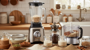 Obraz pokazujący bliskie ujęcie blatu kuchennego pełnego różnych składników zbożowych i urządzeń do ich przetwarzania