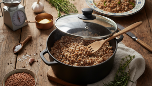 Obraz pokazujący rustykalną, drewnianą scenę kuchenną, w której główną rolę odgrywa gotowana kasza gryczana