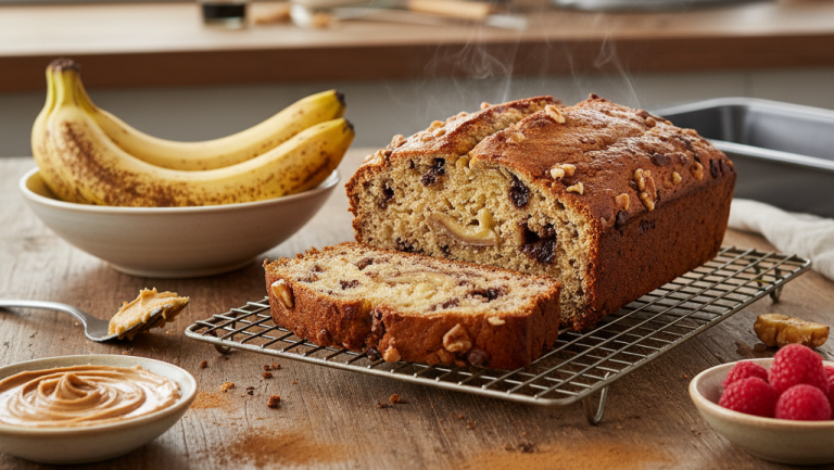Na obrazie przedstawiającym widzimy świeżo upieczony chlebek bananowy leżący na metalowej kratce do studzenia, umieszczonej na drewnianym stole